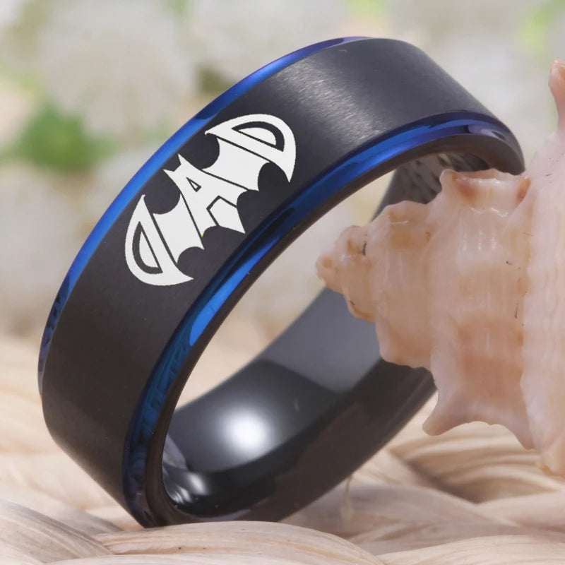 Black ring with blue accent and 'DAD' engraving