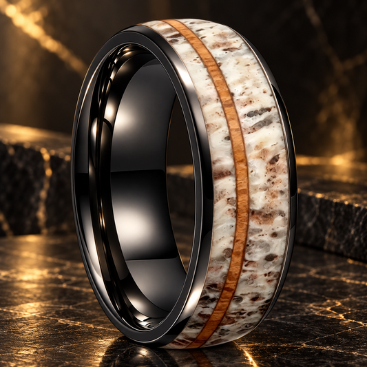 The Trailhead — Tungsten Ring with Deer Antler and Koa Wood Inlay
