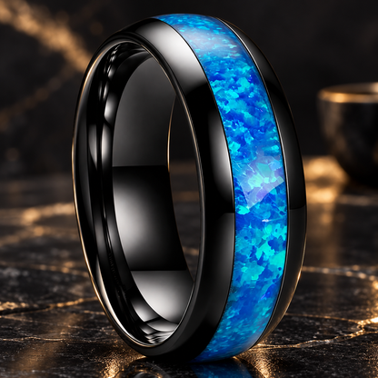 Black Tungsten Ring with Blue Opal Inlay