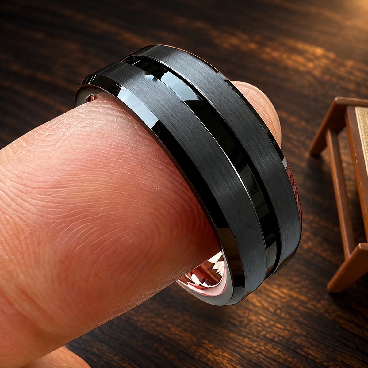 Black and Rose Gold Tungsten  wedding band