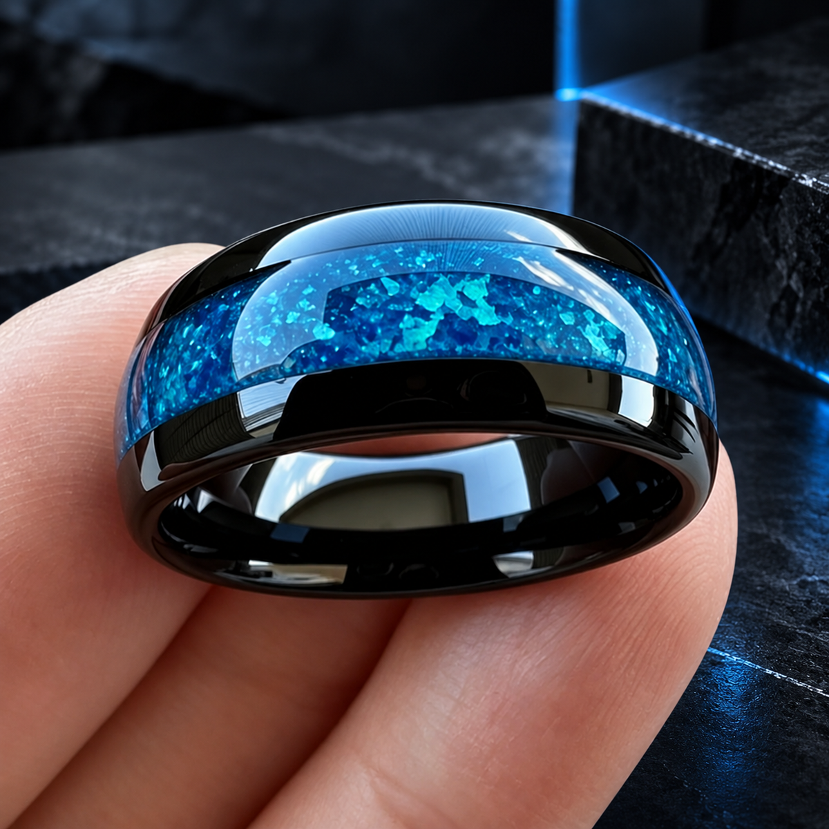 Black Tungsten Ring with Blue Opal Inlay