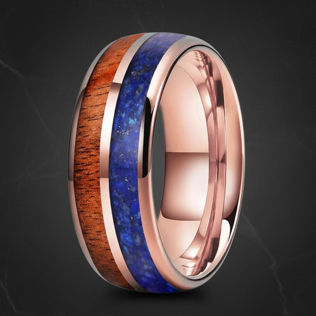 Blue Lapis & Koa Wood Tungsten Ring 