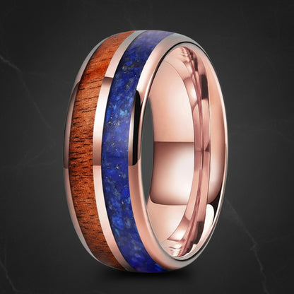Blue Lapis & Koa Wood Tungsten Ring 