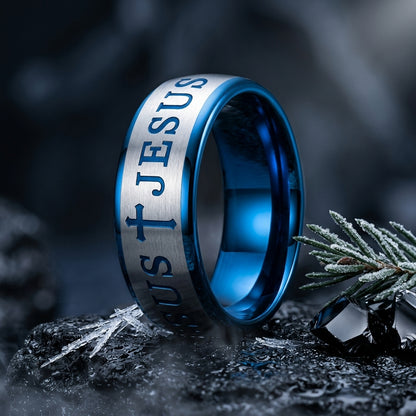 Blue Tungsten Cross Ring
