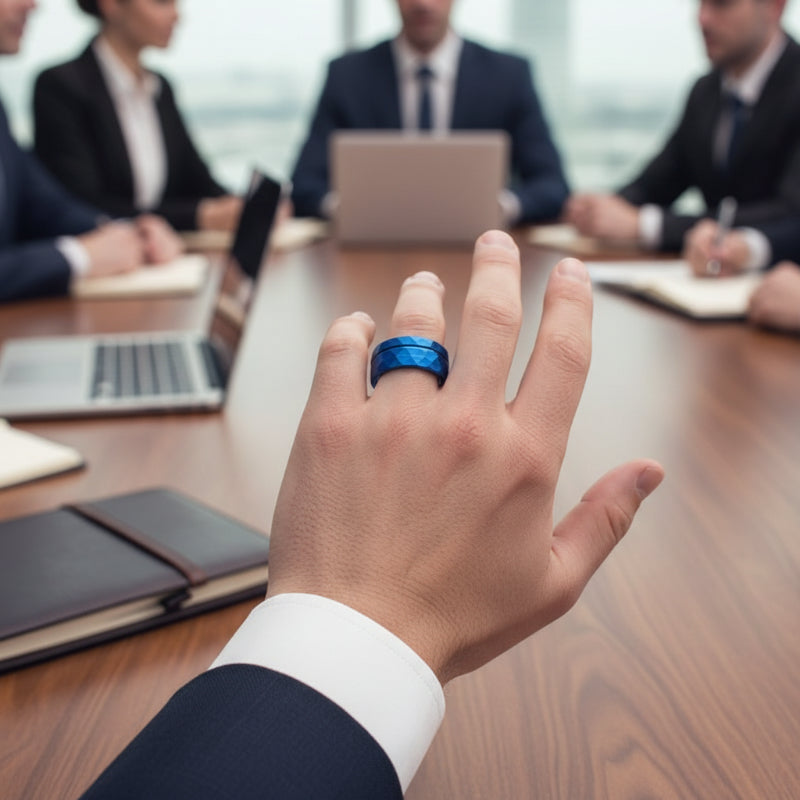 Blue Hammered Tungsten Ring