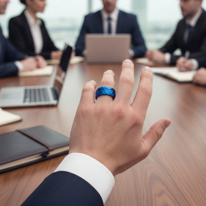 Blue Hammered Tungsten Ring