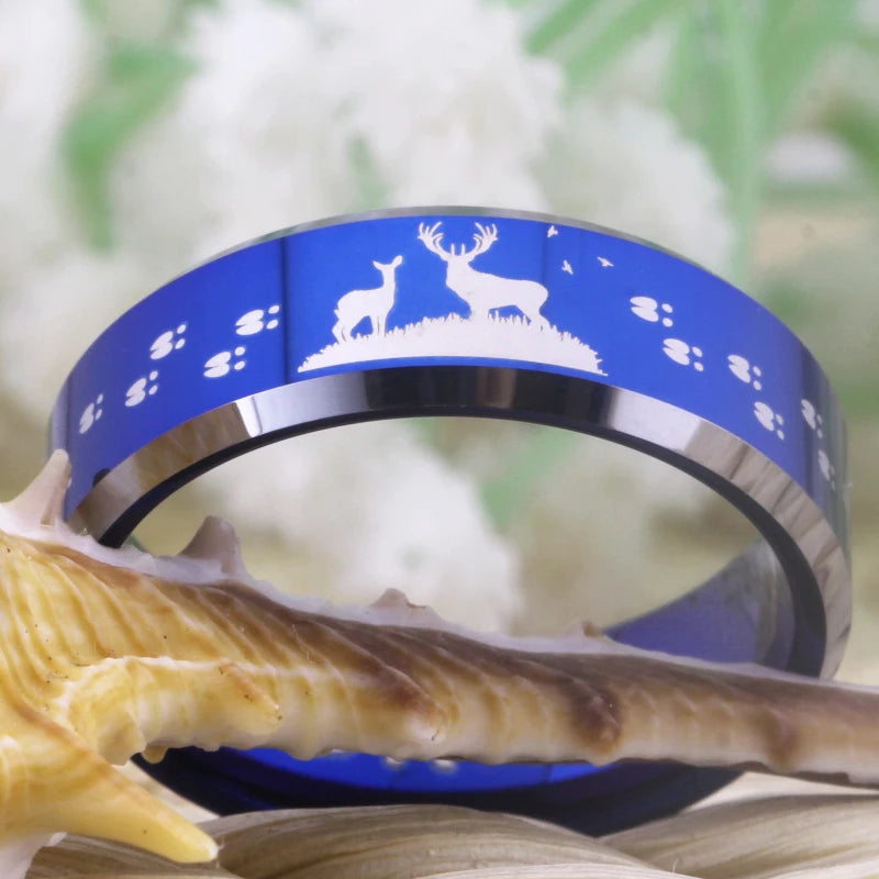 Blue Buck & Doe Tungsten Ring – Unisex Deer Hunting Design