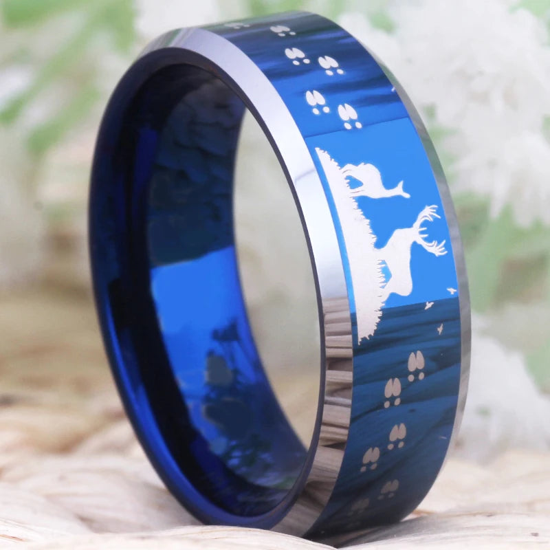 Blue Buck & Doe Tungsten Ring – Unisex Deer Hunting Design.