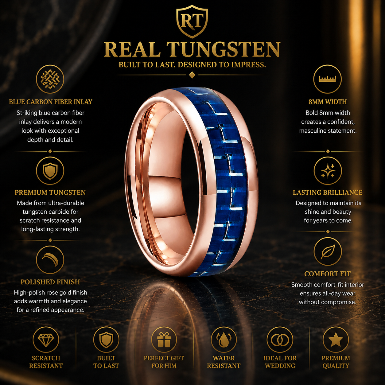 Blue Carbon Fiber Inlay Tungsten Ring