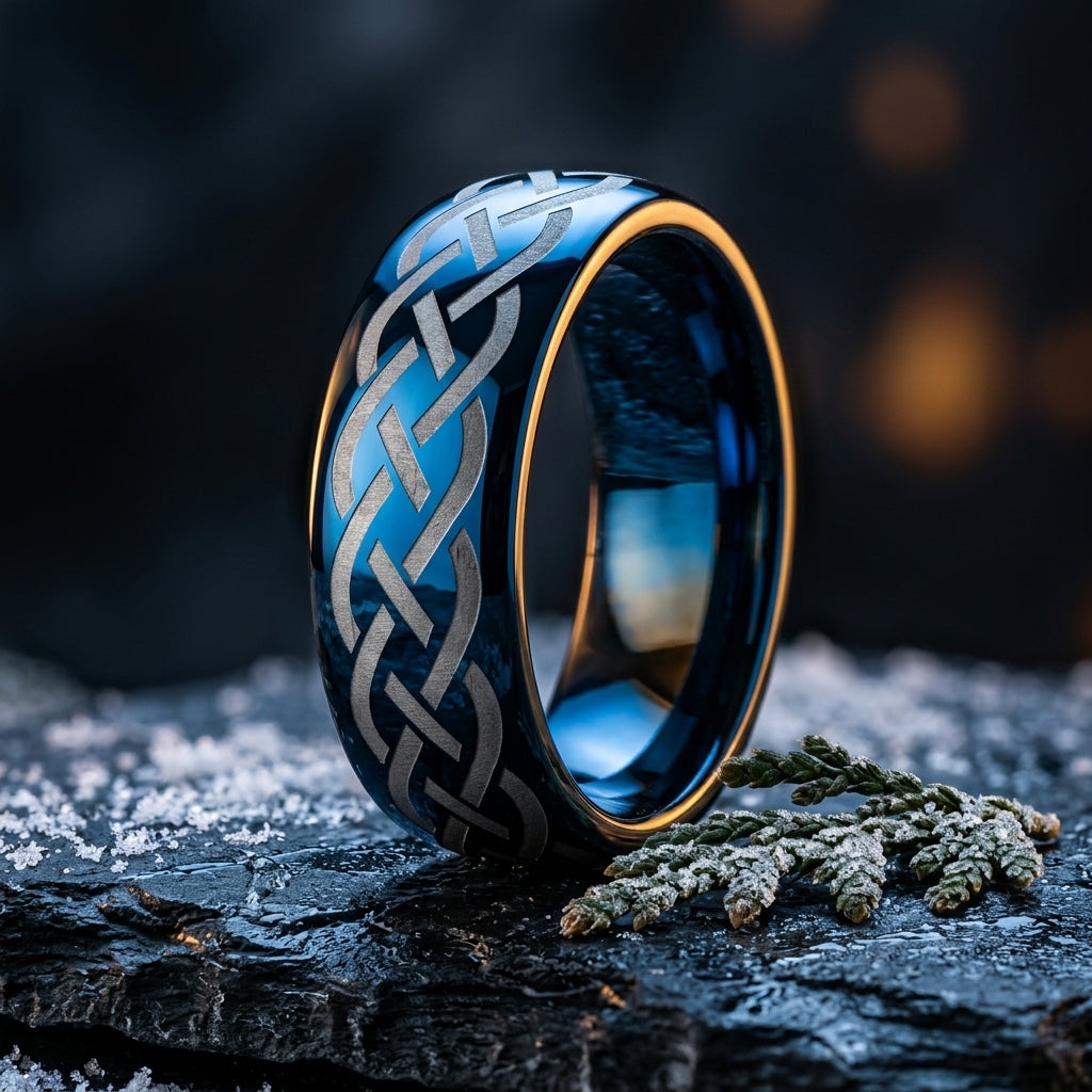 Blue Celtic Knot Tungsten Ring