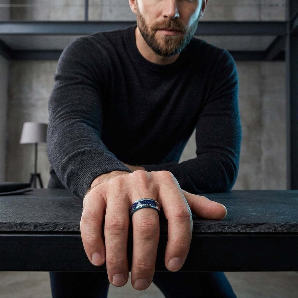 Blue Damascus Tungsten Ring with Starry Inlay