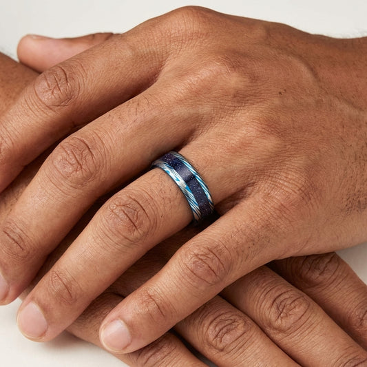 Blue Damascus Tungsten Ring with Starry Inlay