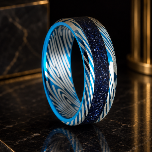 Blue Damascus Tungsten Ring with Starry Inlay