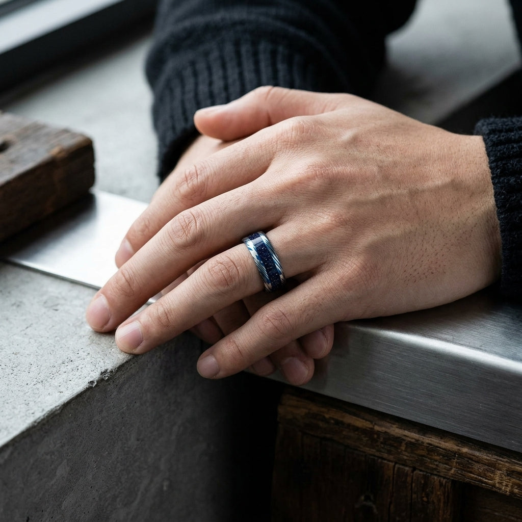 Blue Damascus Tungsten Ring with Starry Inlay