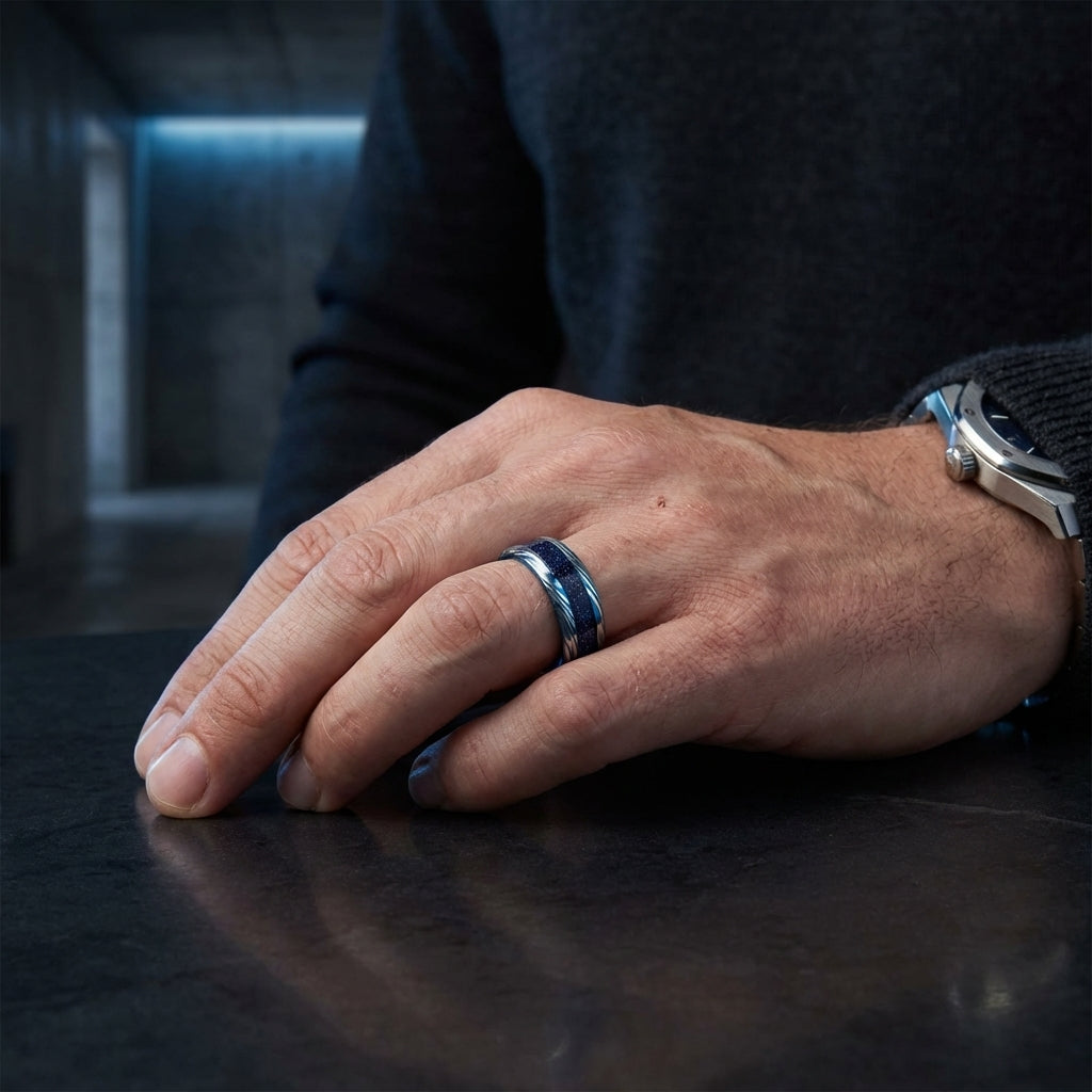 Blue Damascus Tungsten Ring with Starry Inlay