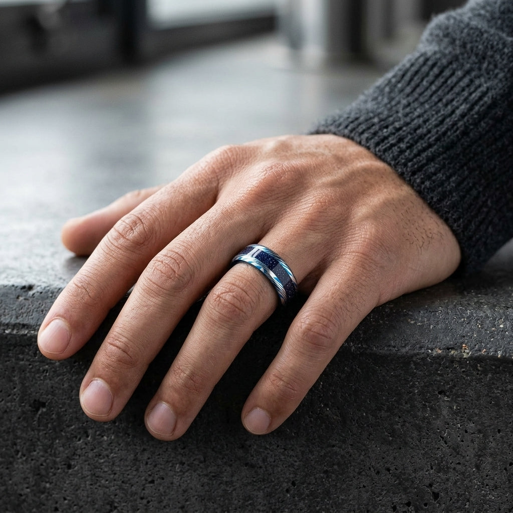 Blue Damascus Tungsten Ring with Starry Inlay