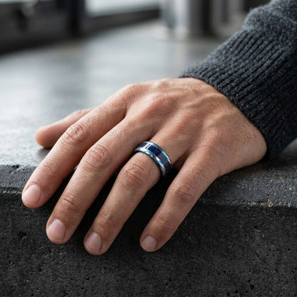 Blue Damascus Tungsten Ring with Starry Inlay