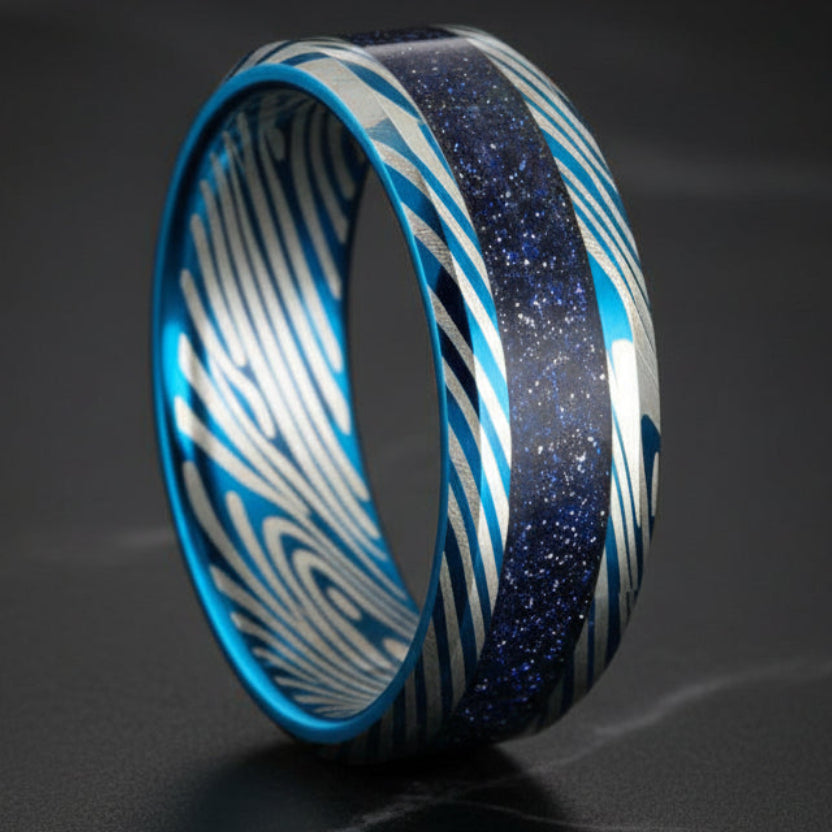 Blue Damascus Tungsten Ring with Starry Inlay