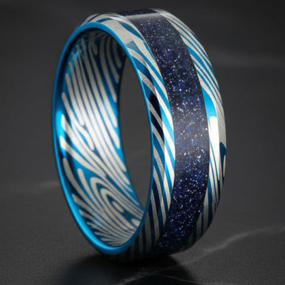 Blue Damascus Tungsten Ring with Starry Inlay