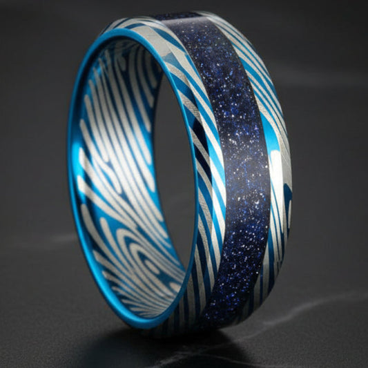 Blue Damascus Tungsten Ring with Starry Inlay