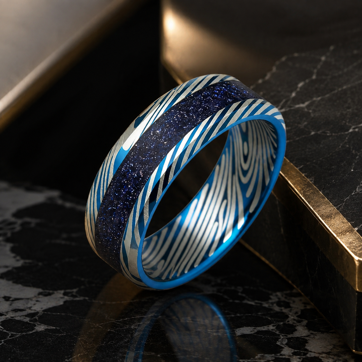 Blue Damascus Tungsten Ring with Starry Inlay