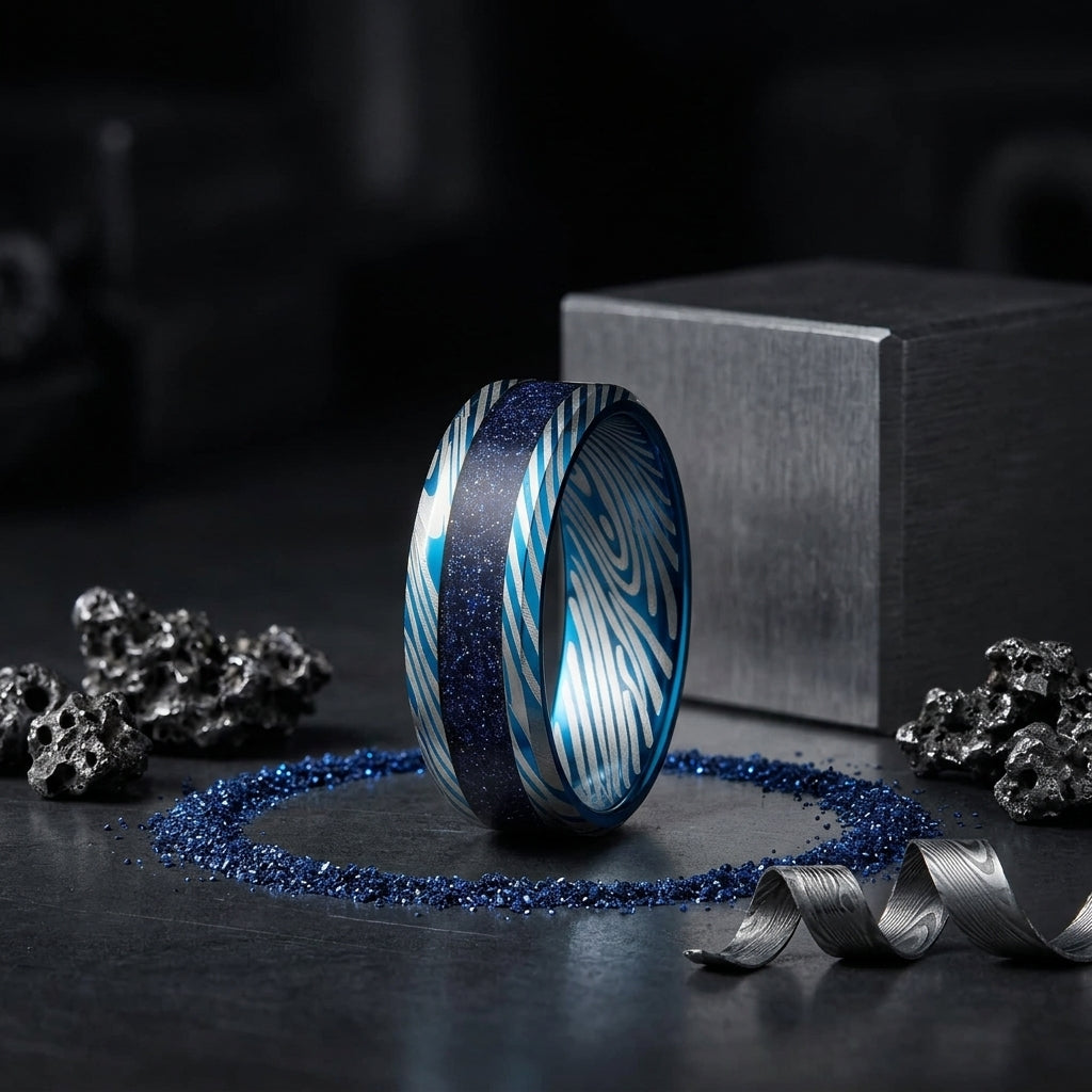 Blue Damascus Tungsten Ring with Starry Inlay