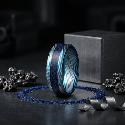 Blue Damascus Tungsten Ring with Starry Inlay