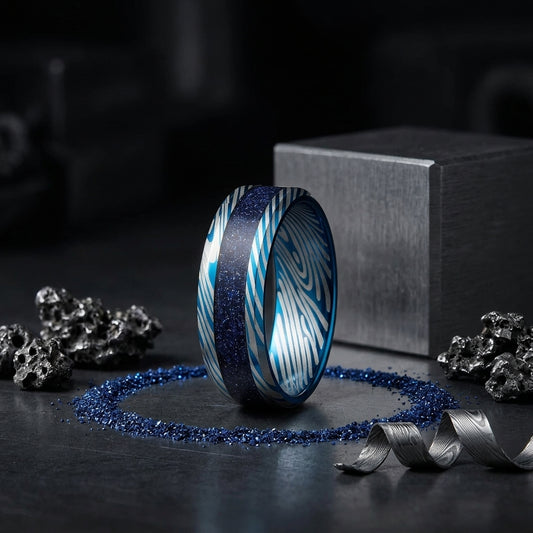 Blue Damascus Tungsten Ring with Starry Inlay