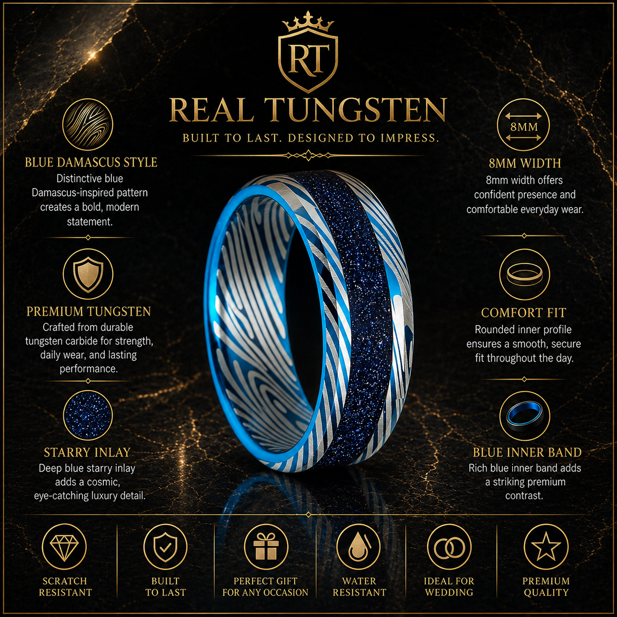 Blue Damascus Tungsten Ring with Starry Inlay