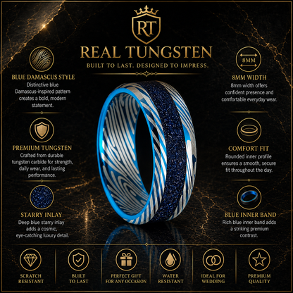 Blue Damascus Tungsten Ring with Starry Inlay