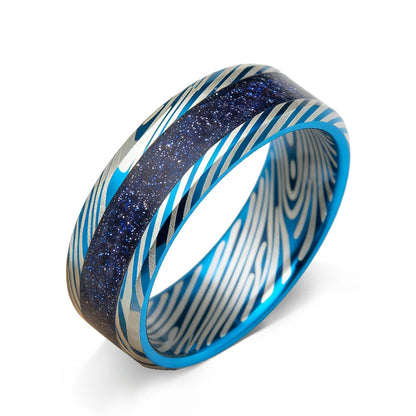 Blue Damascus Tungsten Ring with Starry Inlay