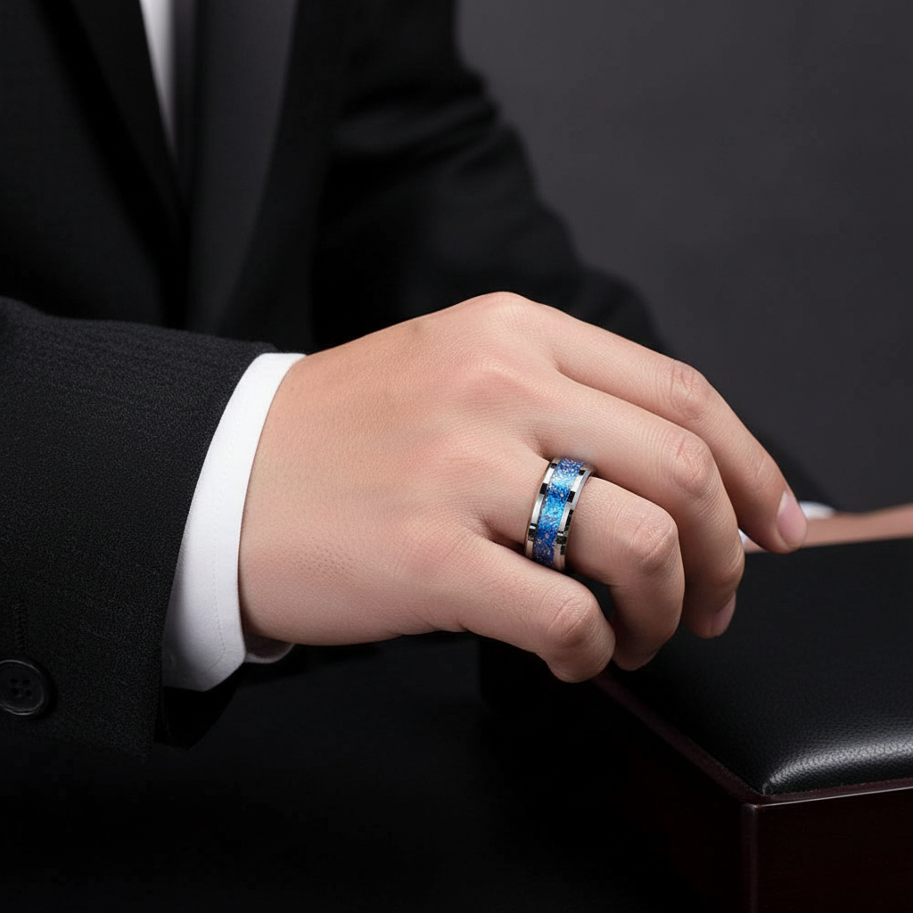 Blue Dragon Meteorite Tungsten Wedding Band