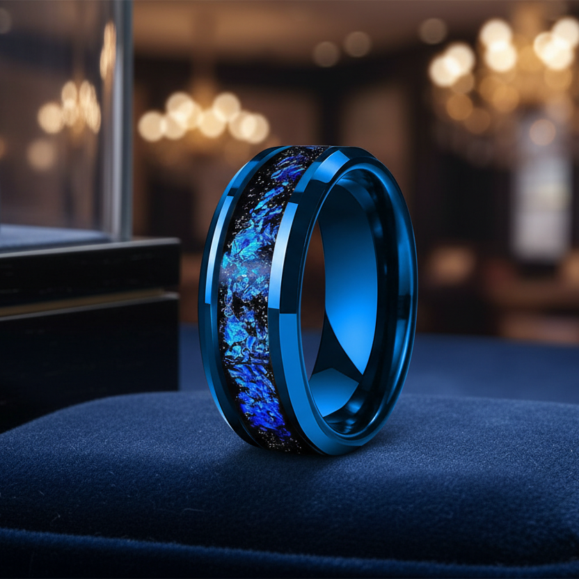 Blue Foil Tungsten Wedding Band