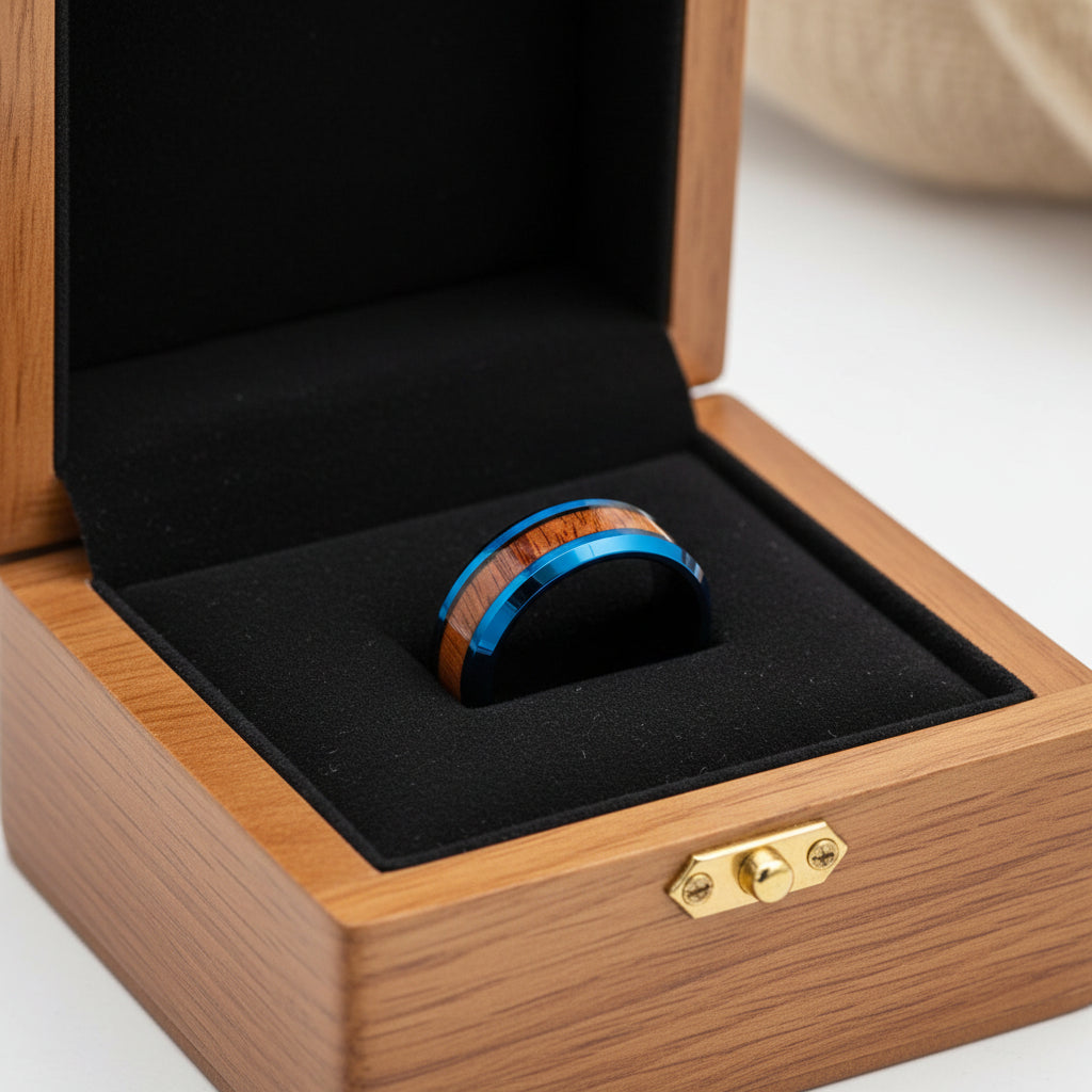 Blue Koa Wood Tungsten Ring