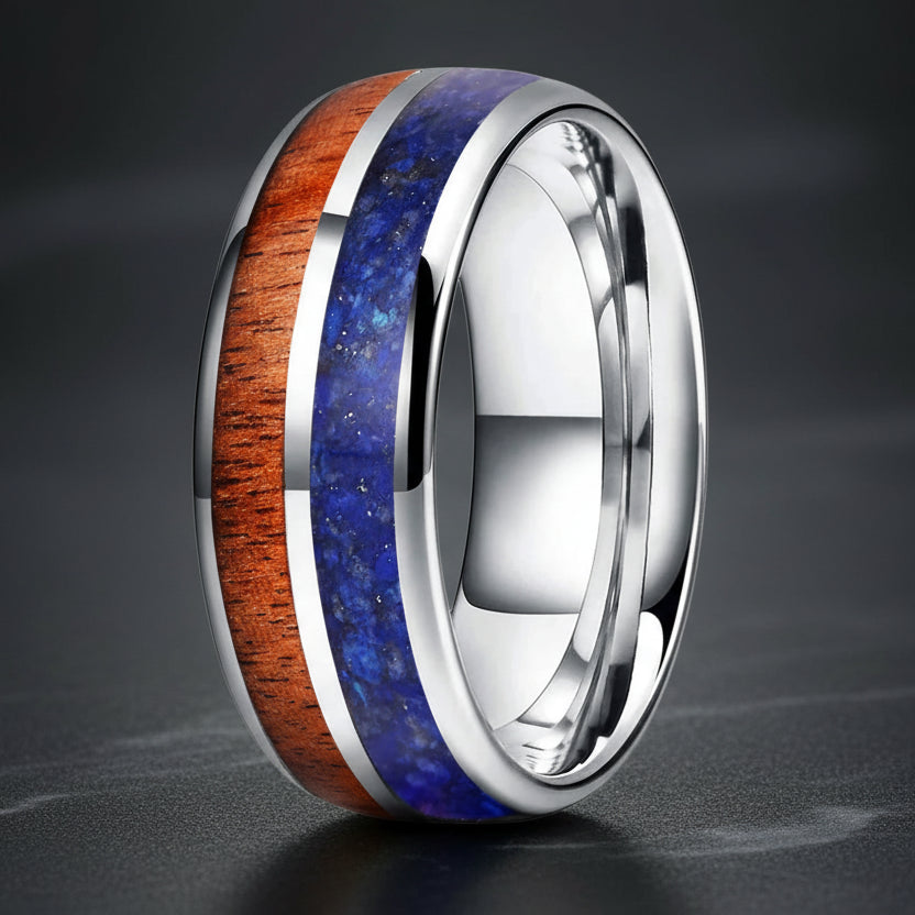 Blue Lapis & Koa Wood Tungsten Ring 
