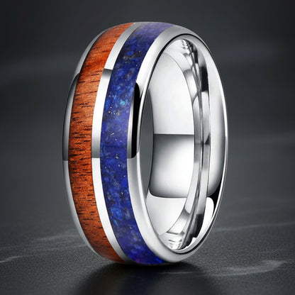 Blue Lapis & Koa Wood Tungsten Ring 