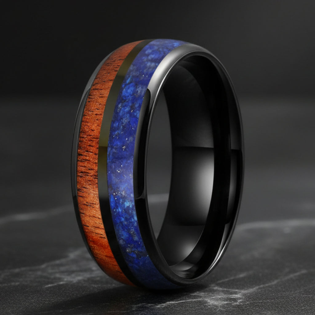 Blue Lapis & Koa Wood Tungsten Ring 