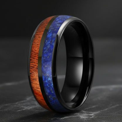 Blue Lapis & Koa Wood Tungsten Ring 