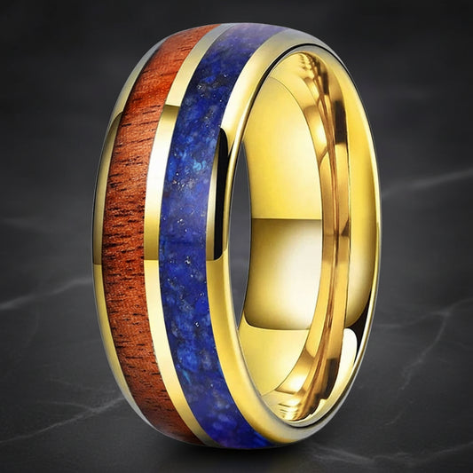 Blue Lapis & Koa Wood Tungsten Ring 