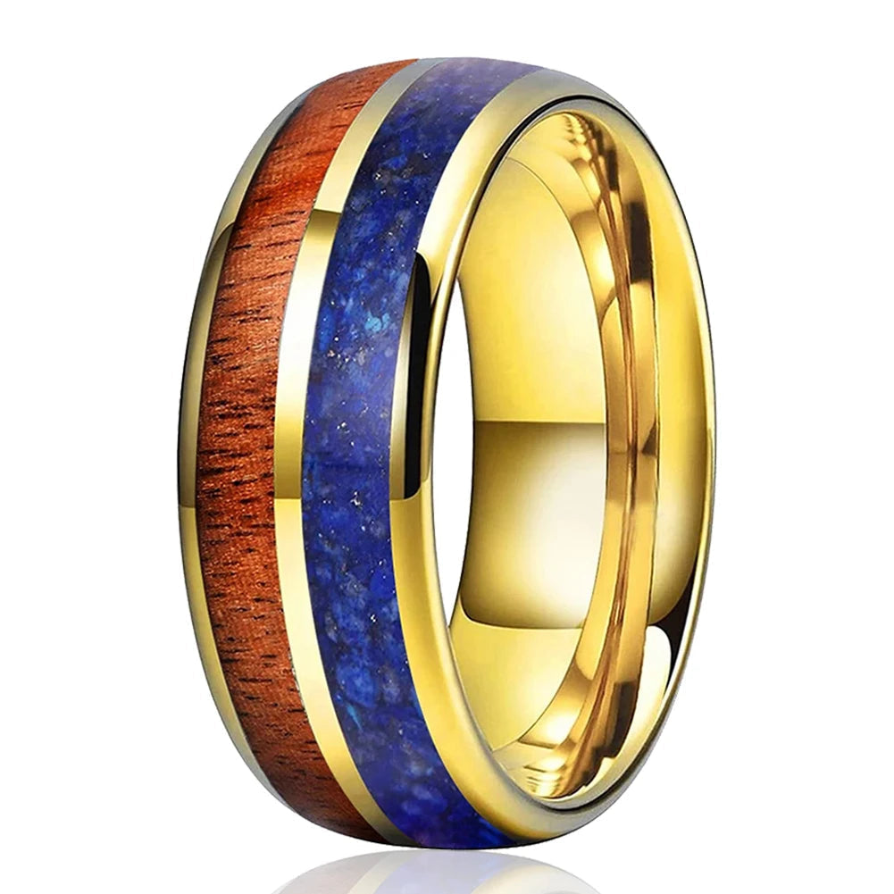 Blue Lapis & Koa Wood Tungsten Ring 