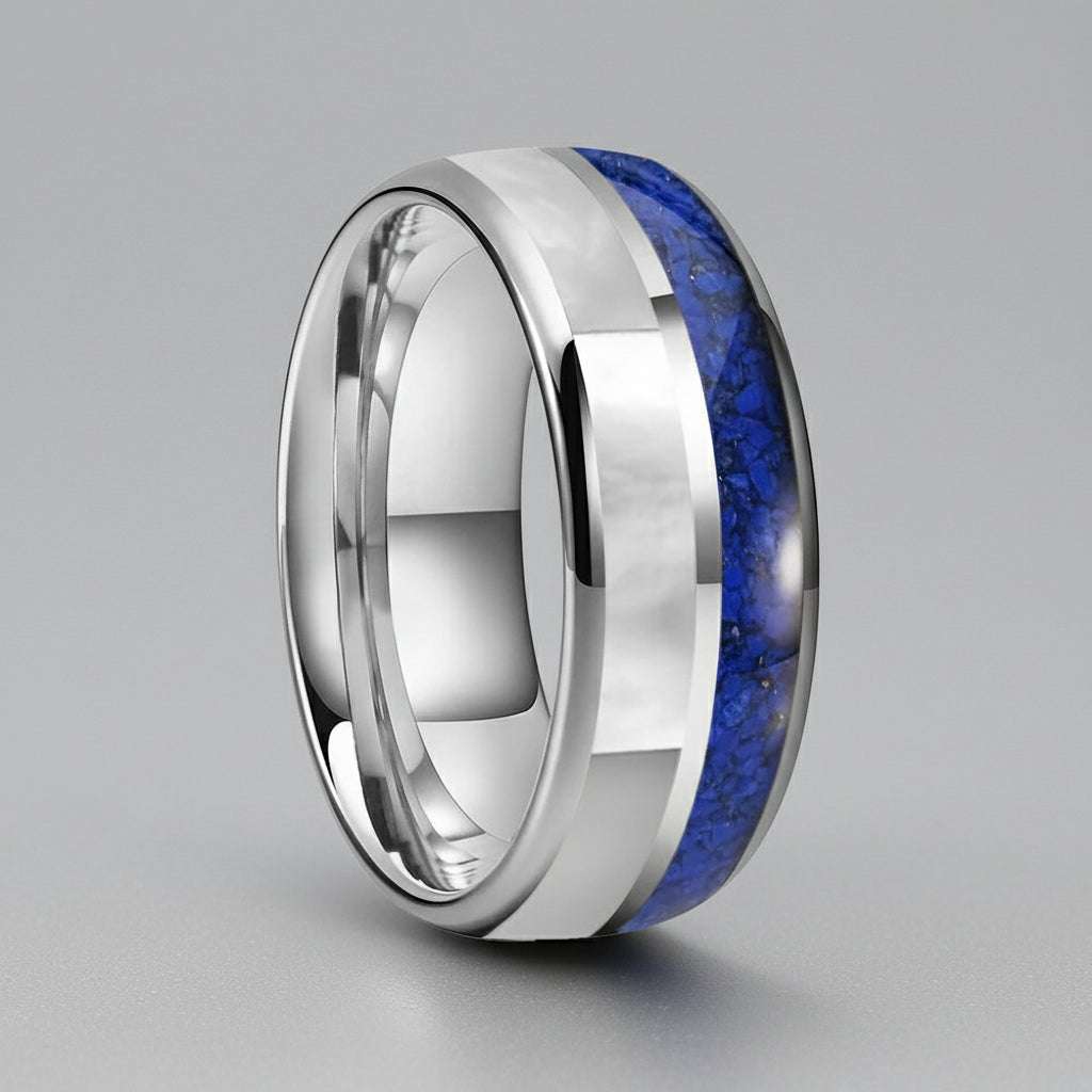 Blue Lapis Lazuli and Mother of Pearl Tungsten Ring