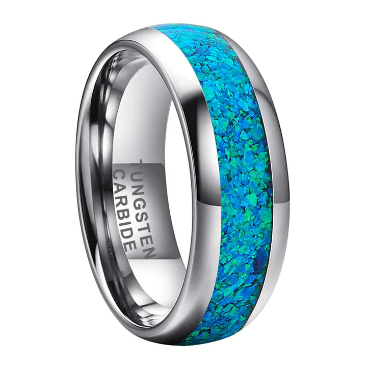 Blue Opal Inlay Tungsten Wedding Ring - Domed Polished Finish 