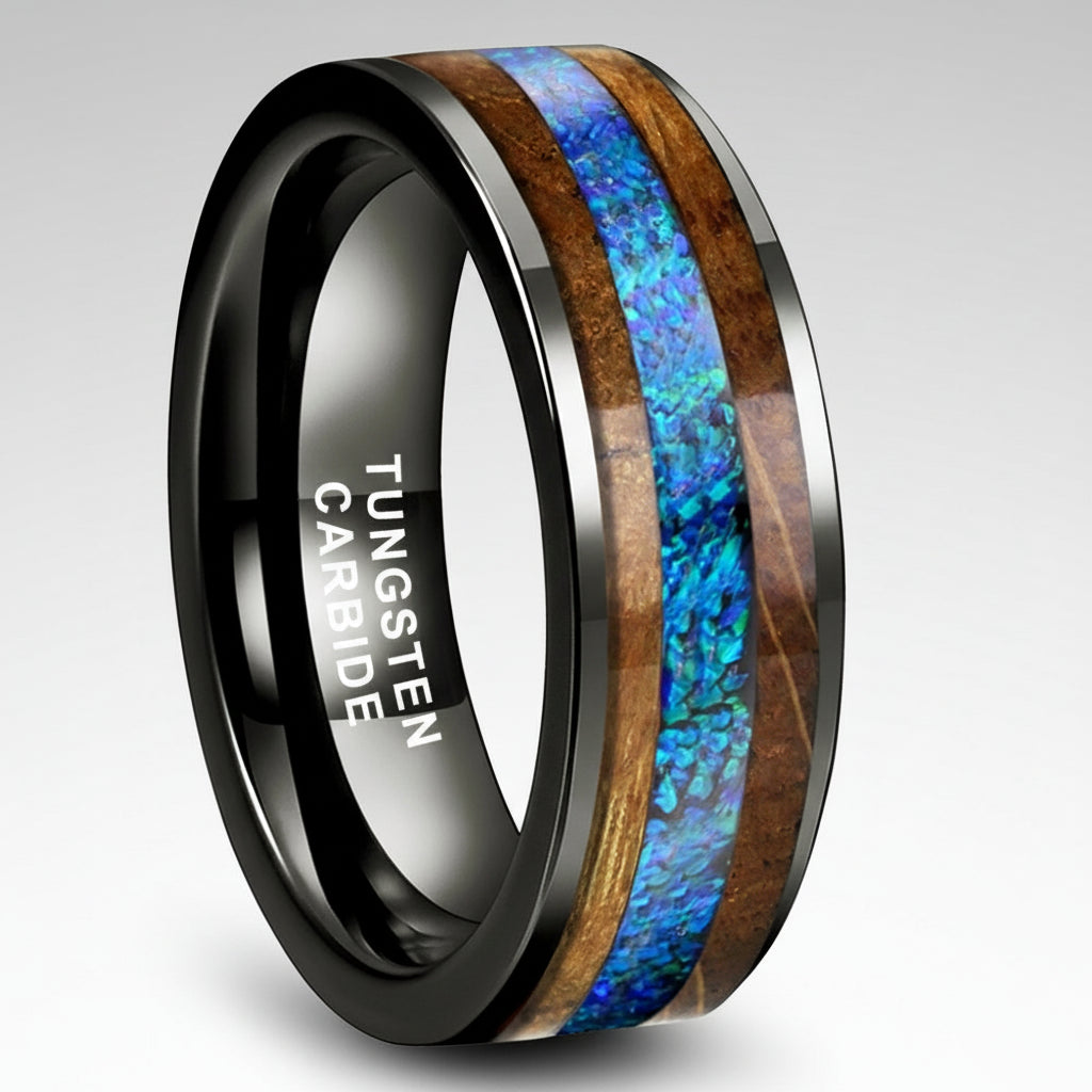 Blue Opal and Whiskey Barrel Wood Tungsten Ring