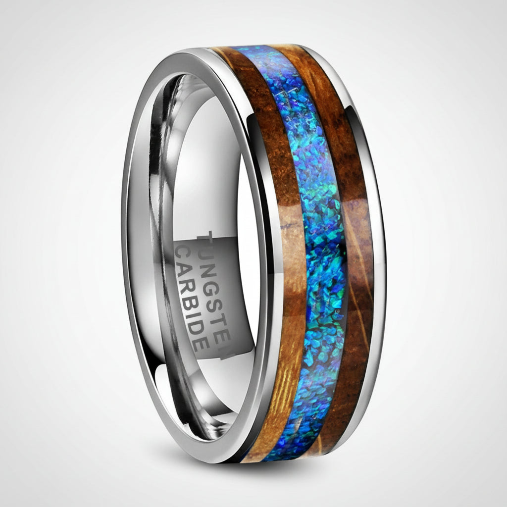 Blue Opal and Whiskey Barrel Wood Tungsten Ring