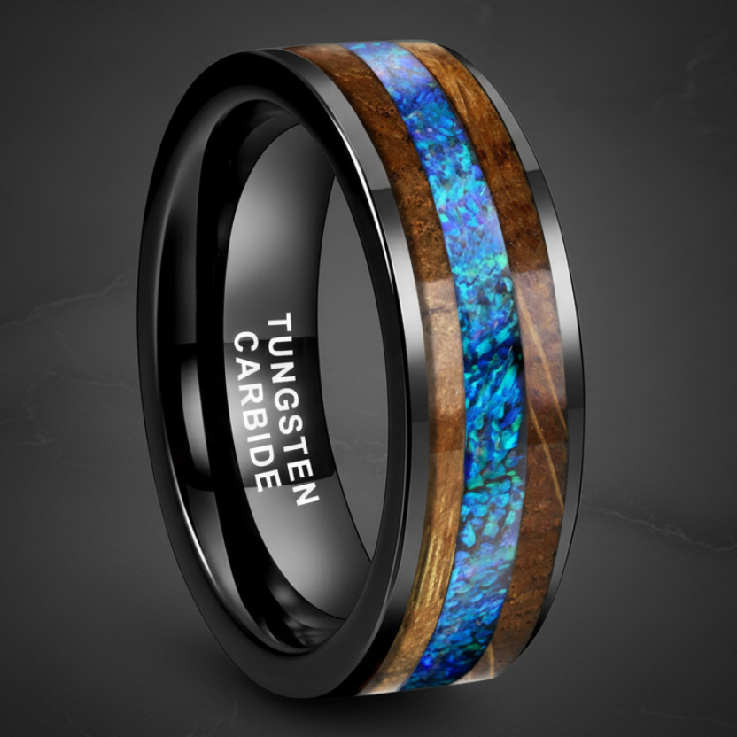 Blue Opal and Whiskey Barrel Wood Tungsten Ring - RealTungsten