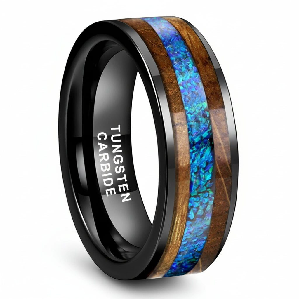Blue Opal and Whiskey Barrel Wood Tungsten Ring