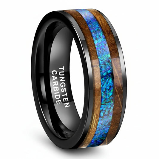Blue Opal and Whiskey Barrel Wood Tungsten Ring