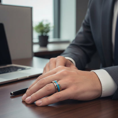 Blue_Opal_and_Whiskey_Barrel_Wood_Tungsten_Ring