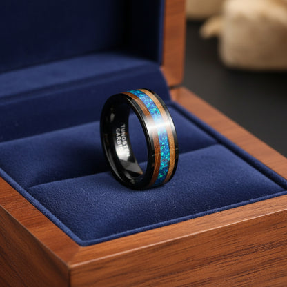 Blue_Opal_and_Whiskey_Barrel_Wood_Tungsten_Ring
