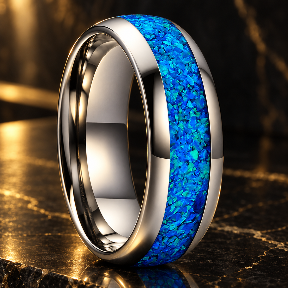 Blue Opal inlay Tungsten wedding Ring